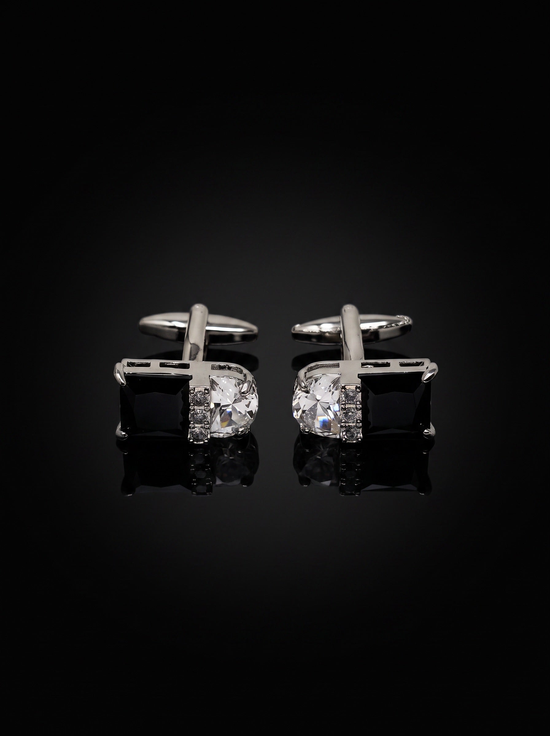 Silver-Tone Black and Clear Gemstone-Style Duo Cufflinks