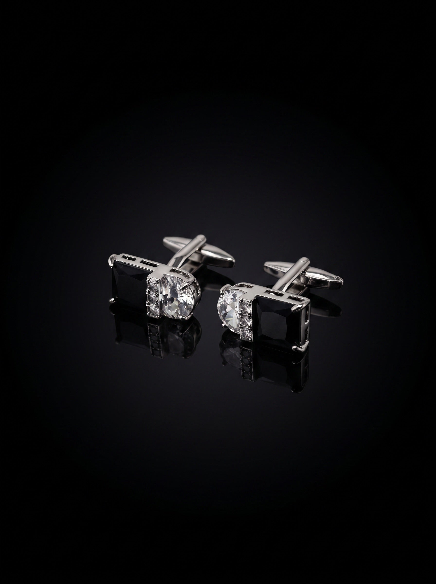 Silver-Tone Black and Clear Gemstone-Style Duo Cufflinks - angle 10