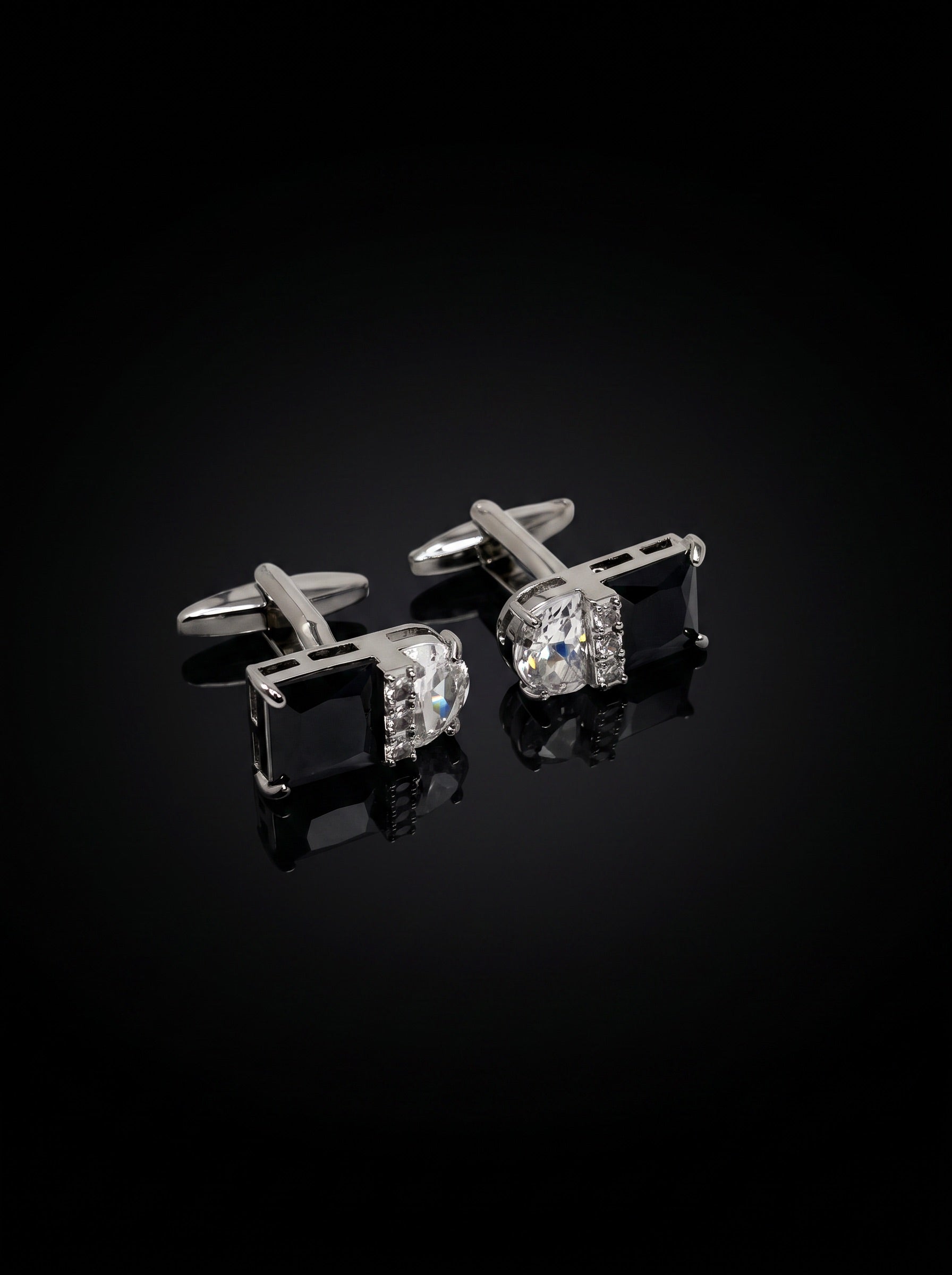 Silver-Tone Black and Clear Gemstone-Style Duo Cufflinks - angle 2