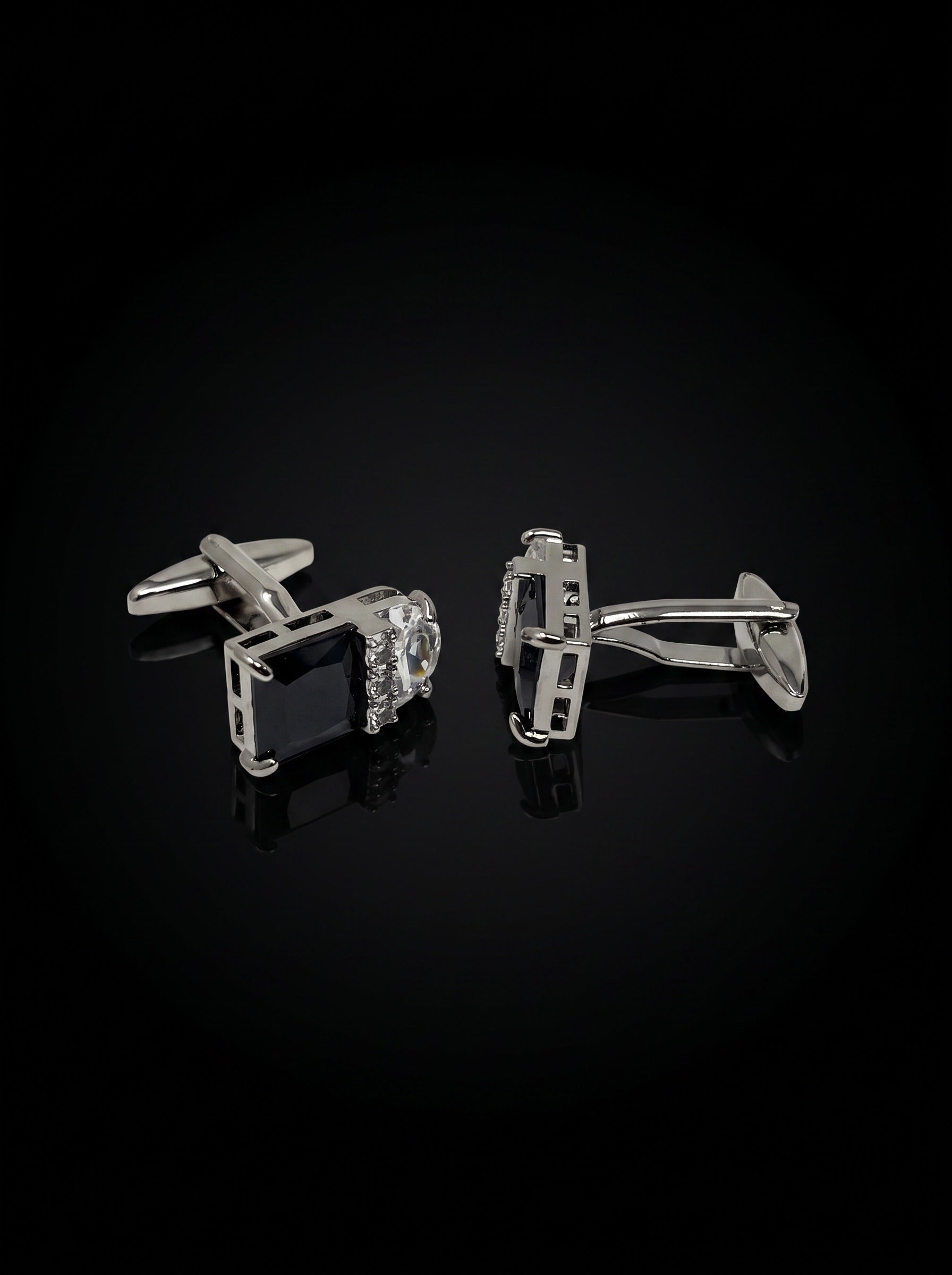 Silver-Tone Black and Clear Gemstone-Style Duo Cufflinks - angle 3
