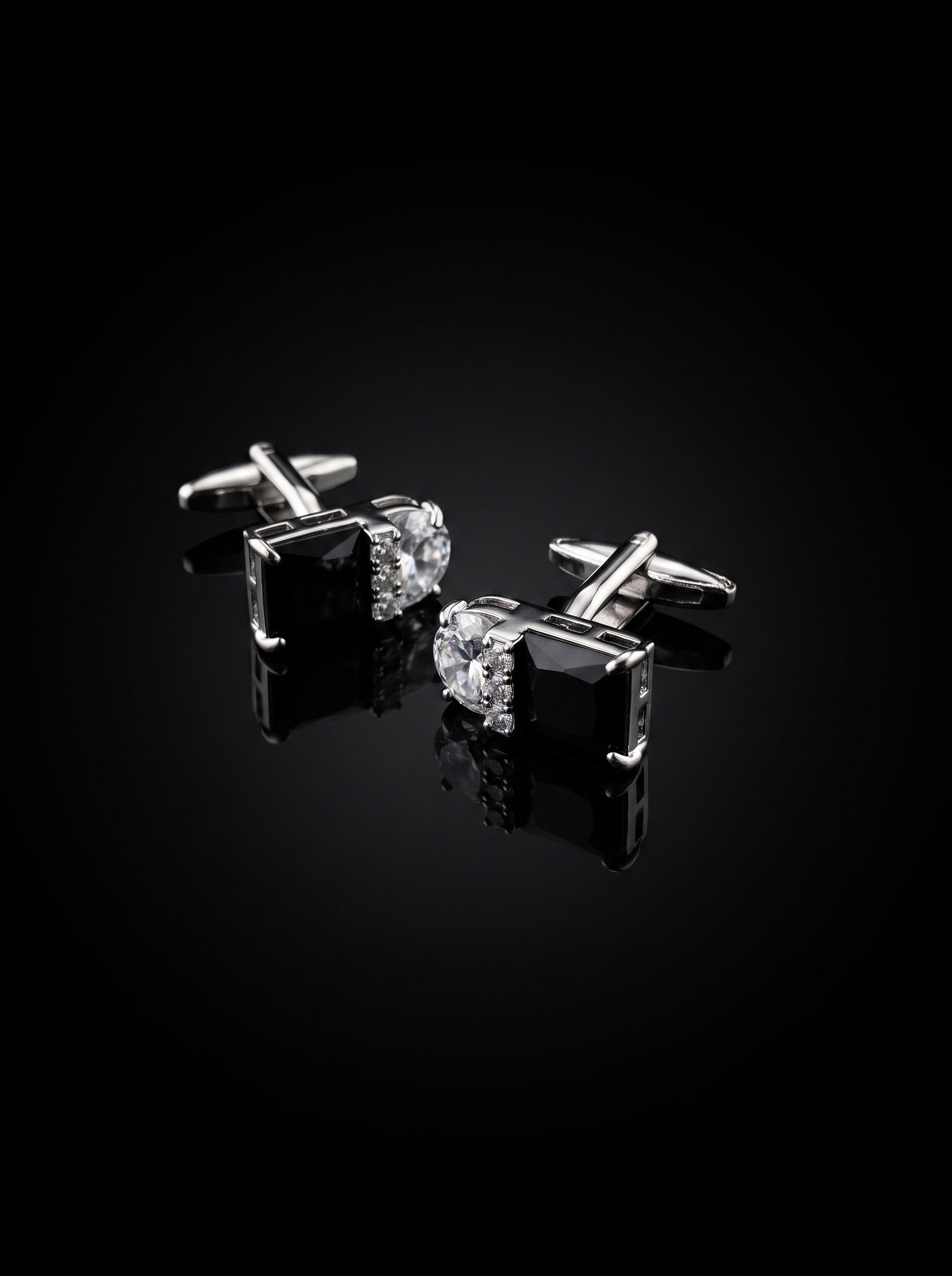 Silver-Tone Black and Clear Gemstone-Style Duo Cufflinks - angle 4