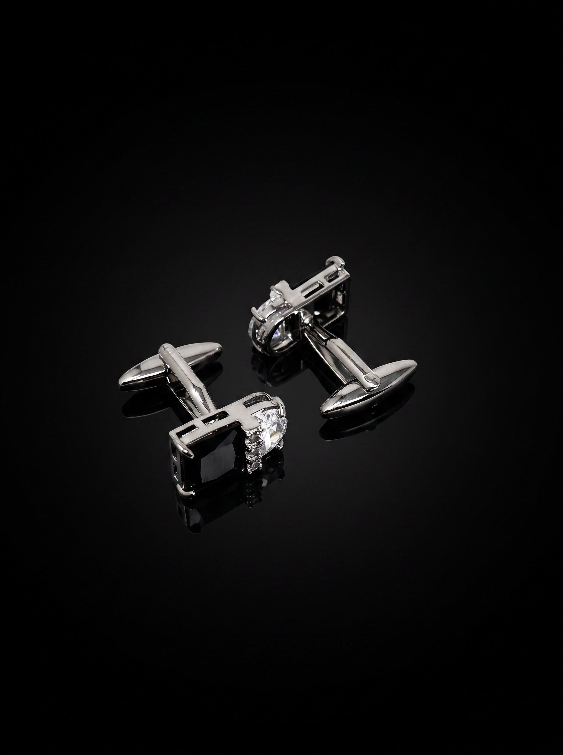 Silver-Tone Black and Clear Gemstone-Style Duo Cufflinks - angle 5