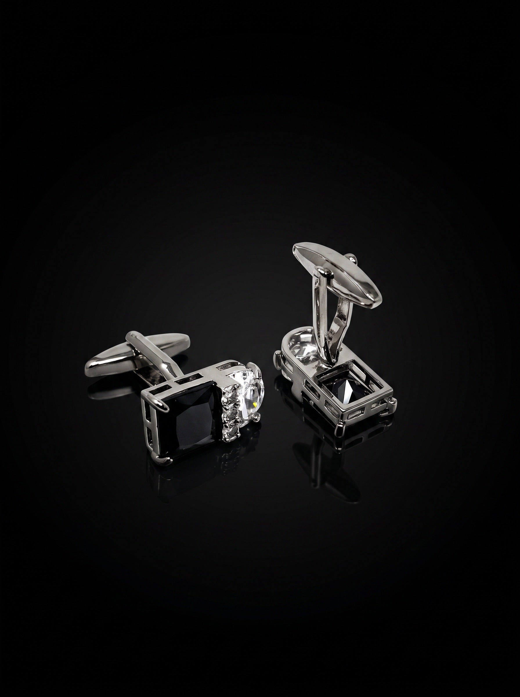 Silver-Tone Black and Clear Gemstone-Style Duo Cufflinks - angle 6