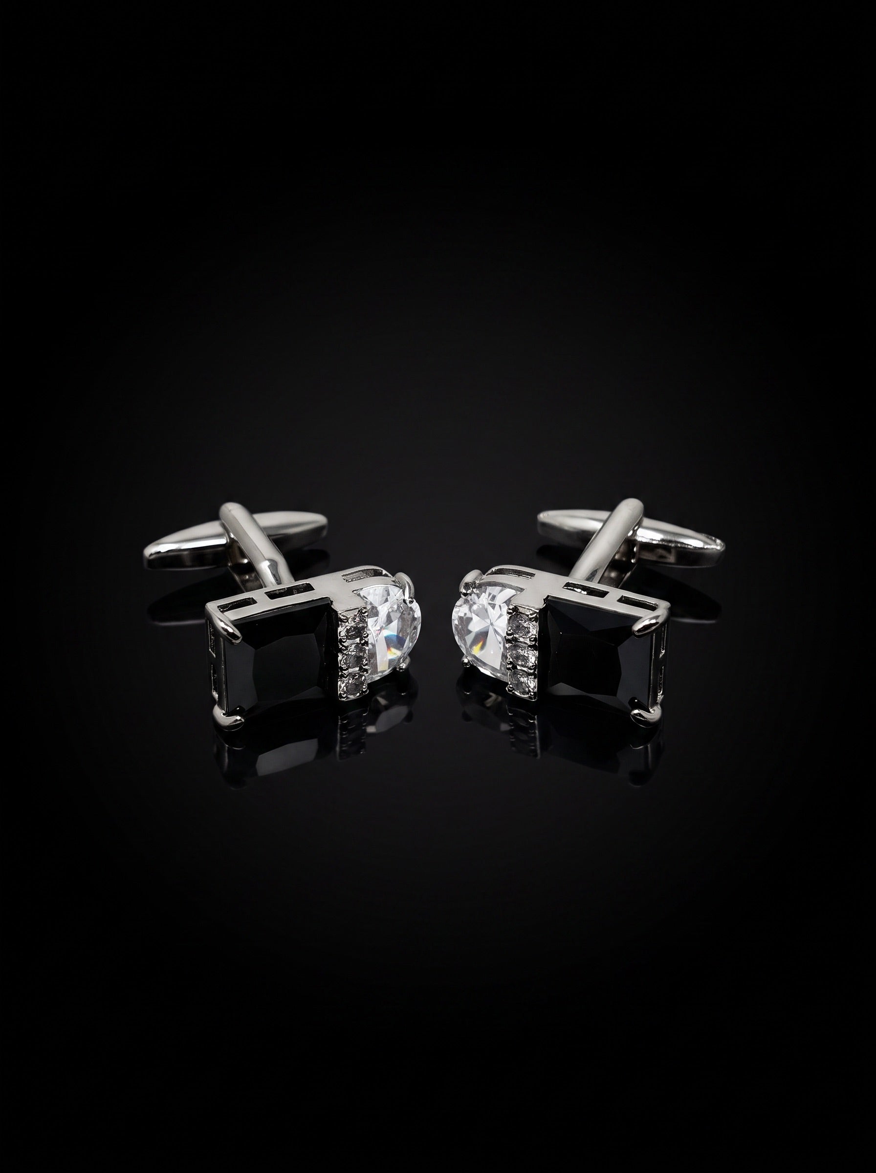 Silver-Tone Black and Clear Gemstone-Style Duo Cufflinks - angle 7