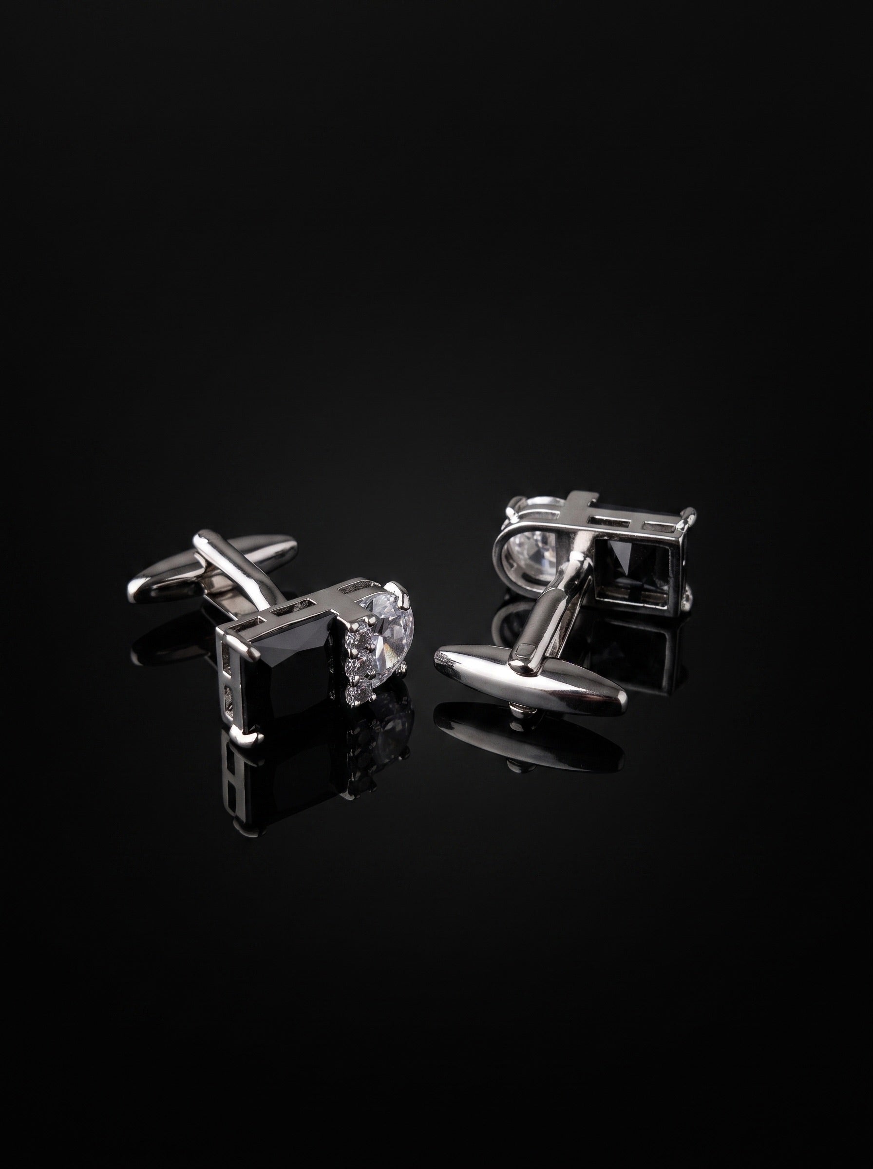 Silver-Tone Black and Clear Gemstone-Style Duo Cufflinks - angle 8
