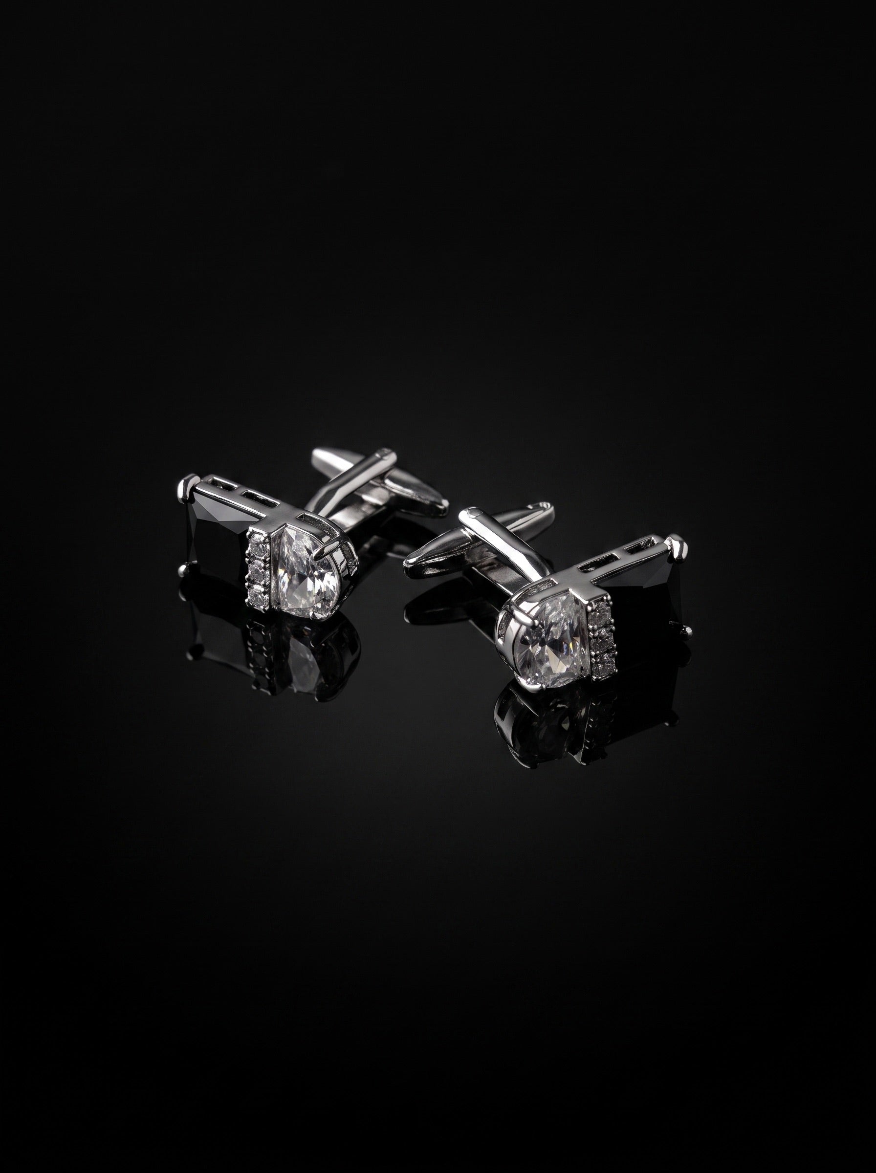 Silver-Tone Black and Clear Gemstone-Style Duo Cufflinks - angle 9