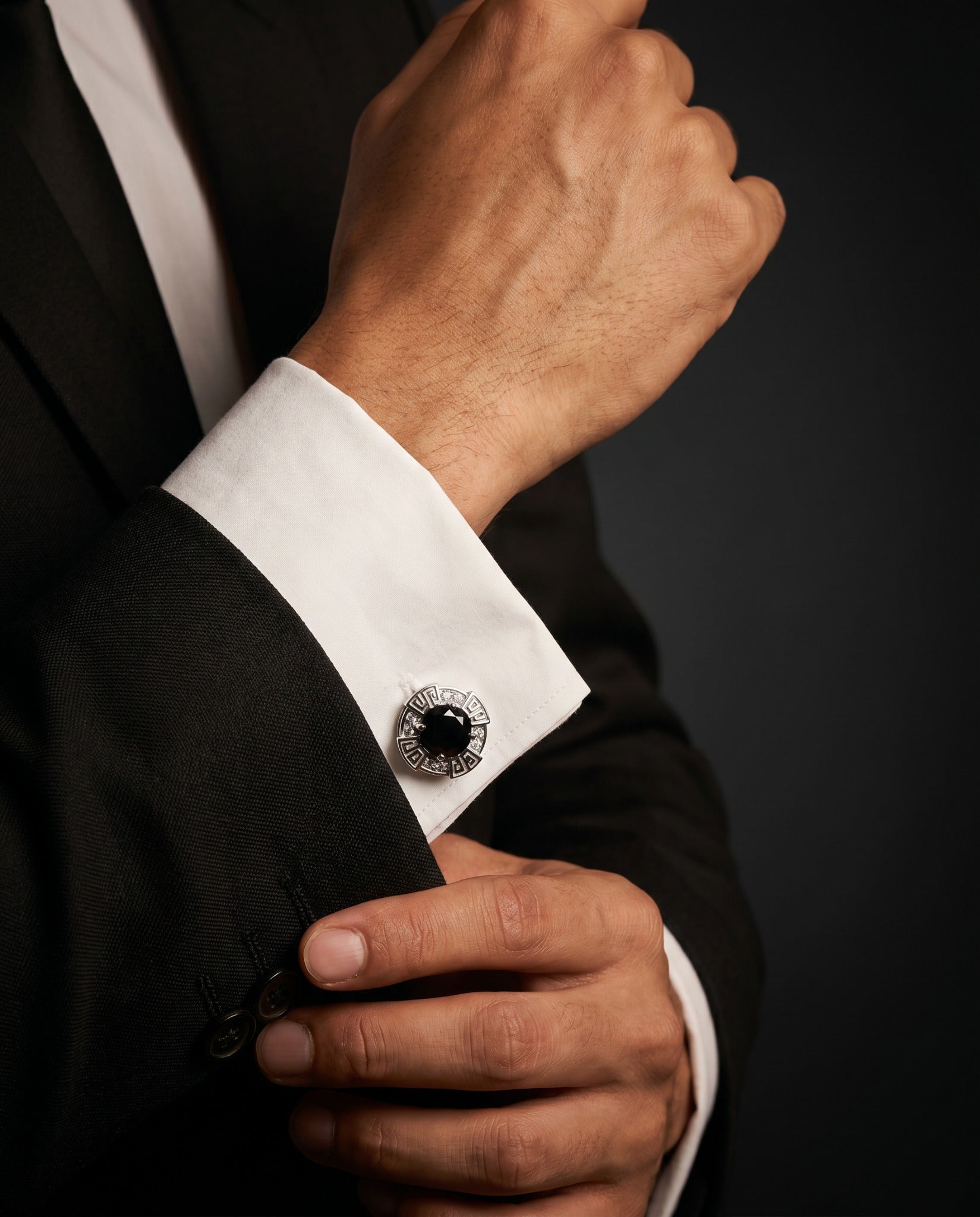 Black Gemstone-Style Greek Key Cufflinks by Tivaaro