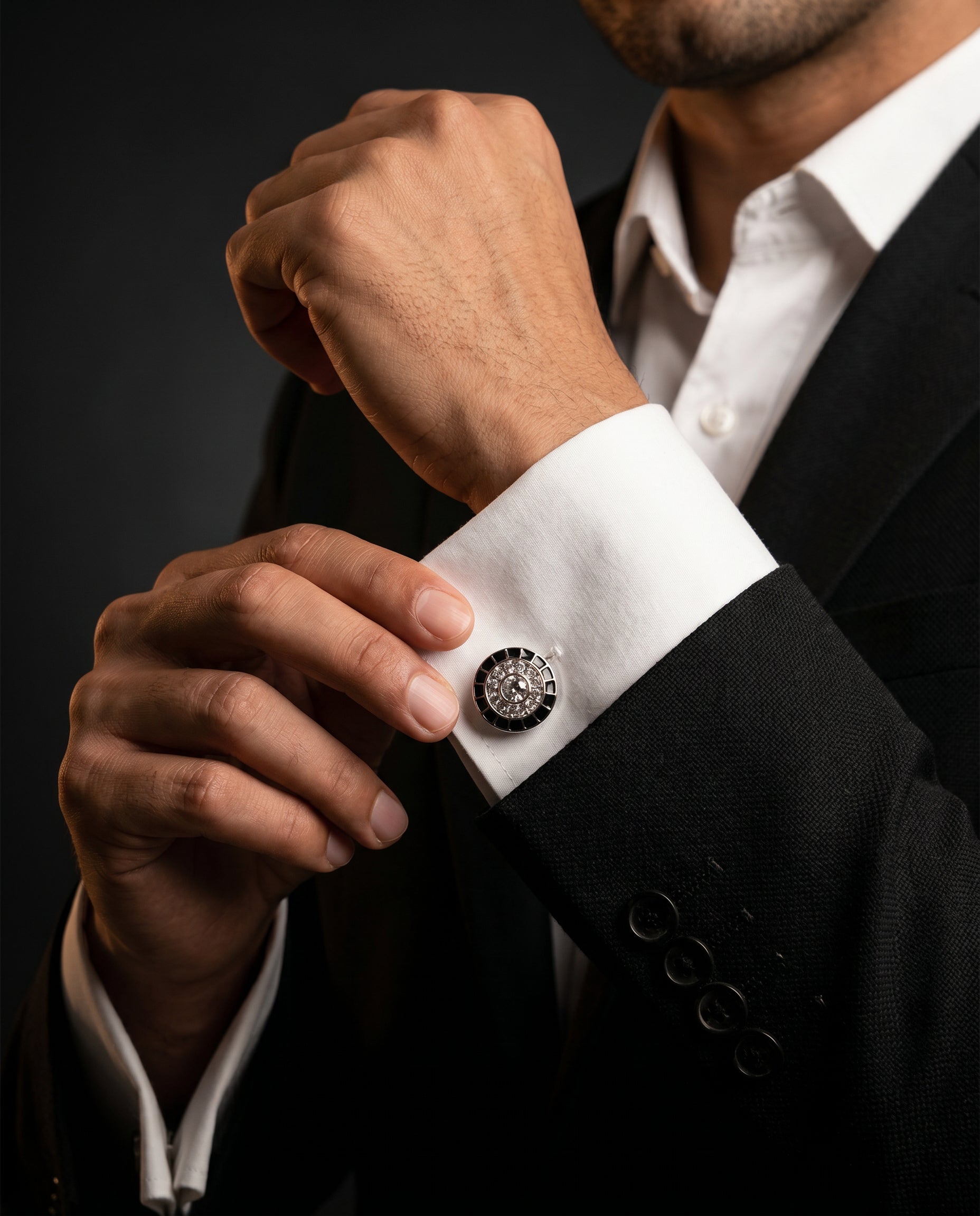 Crystal Black Enamel Halo Cufflinks by Tivaaro