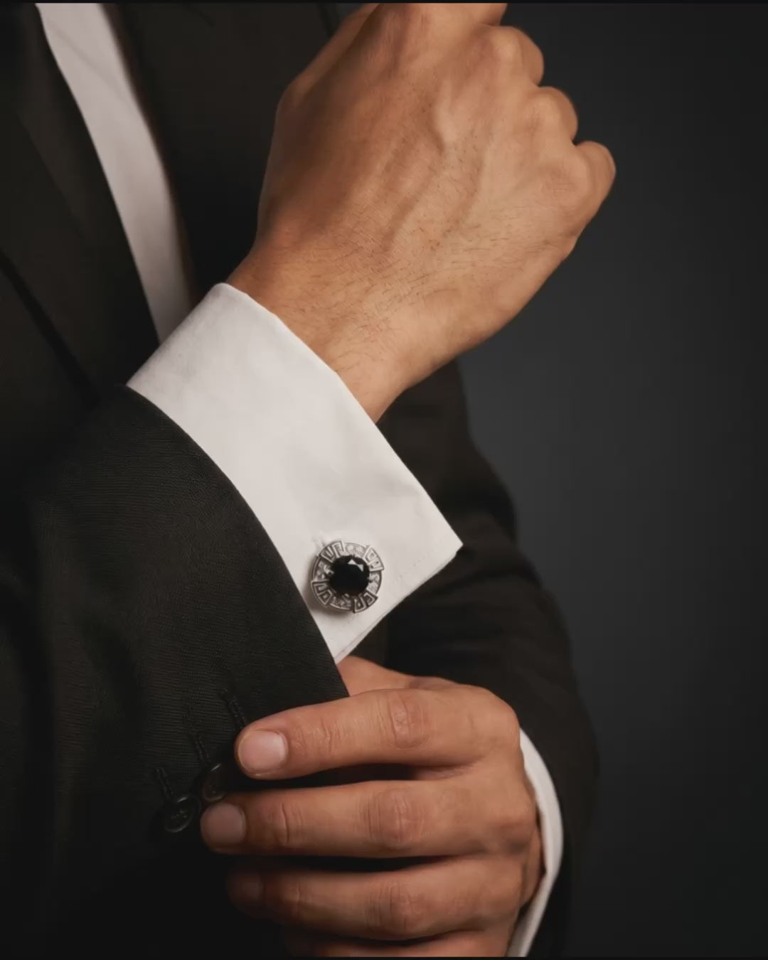 Load video: Black Gemstone-Style Greek Key Cufflinks