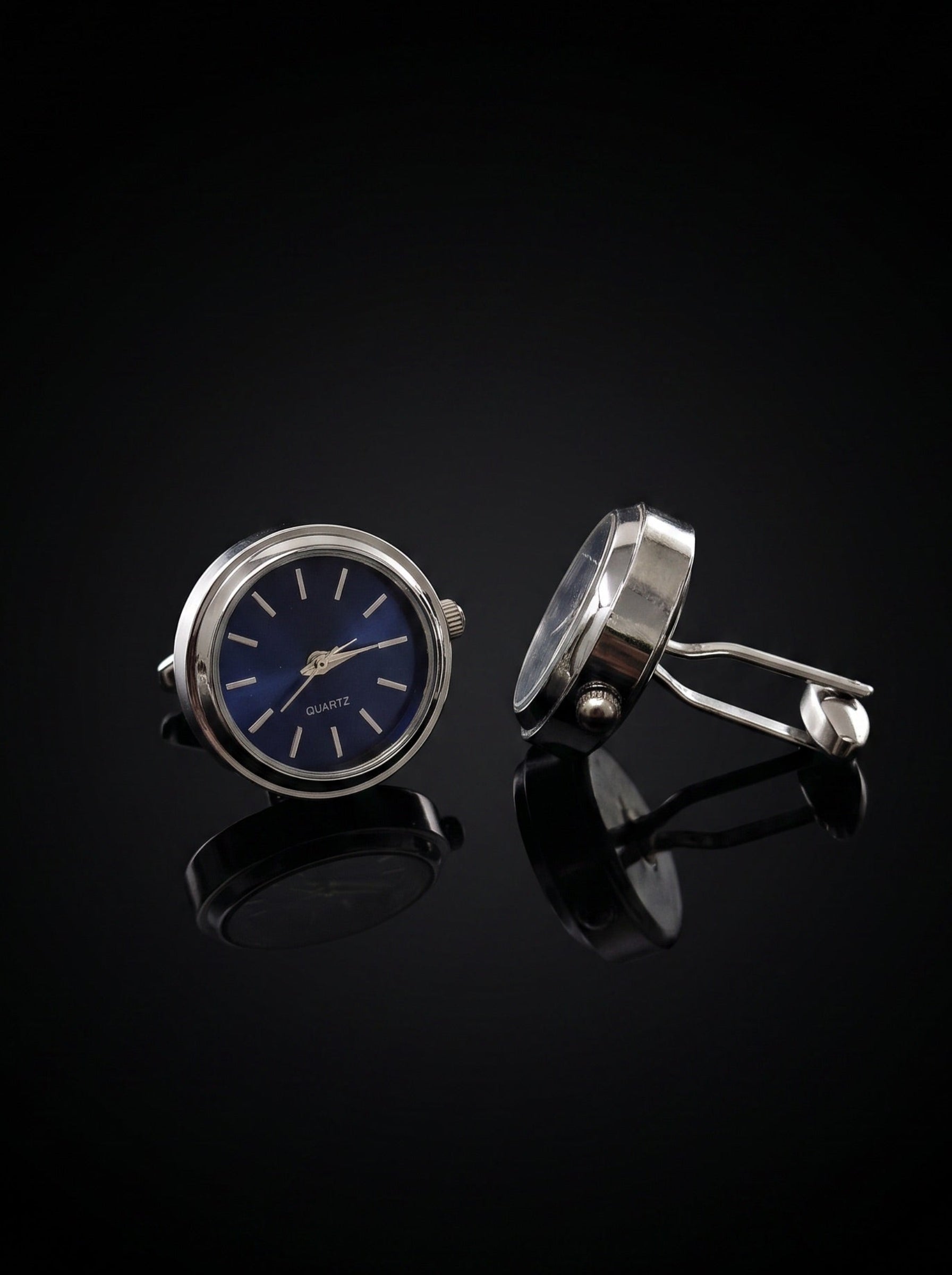 Silver-Tone Blue Dial Watch Cufflinks - angle 2