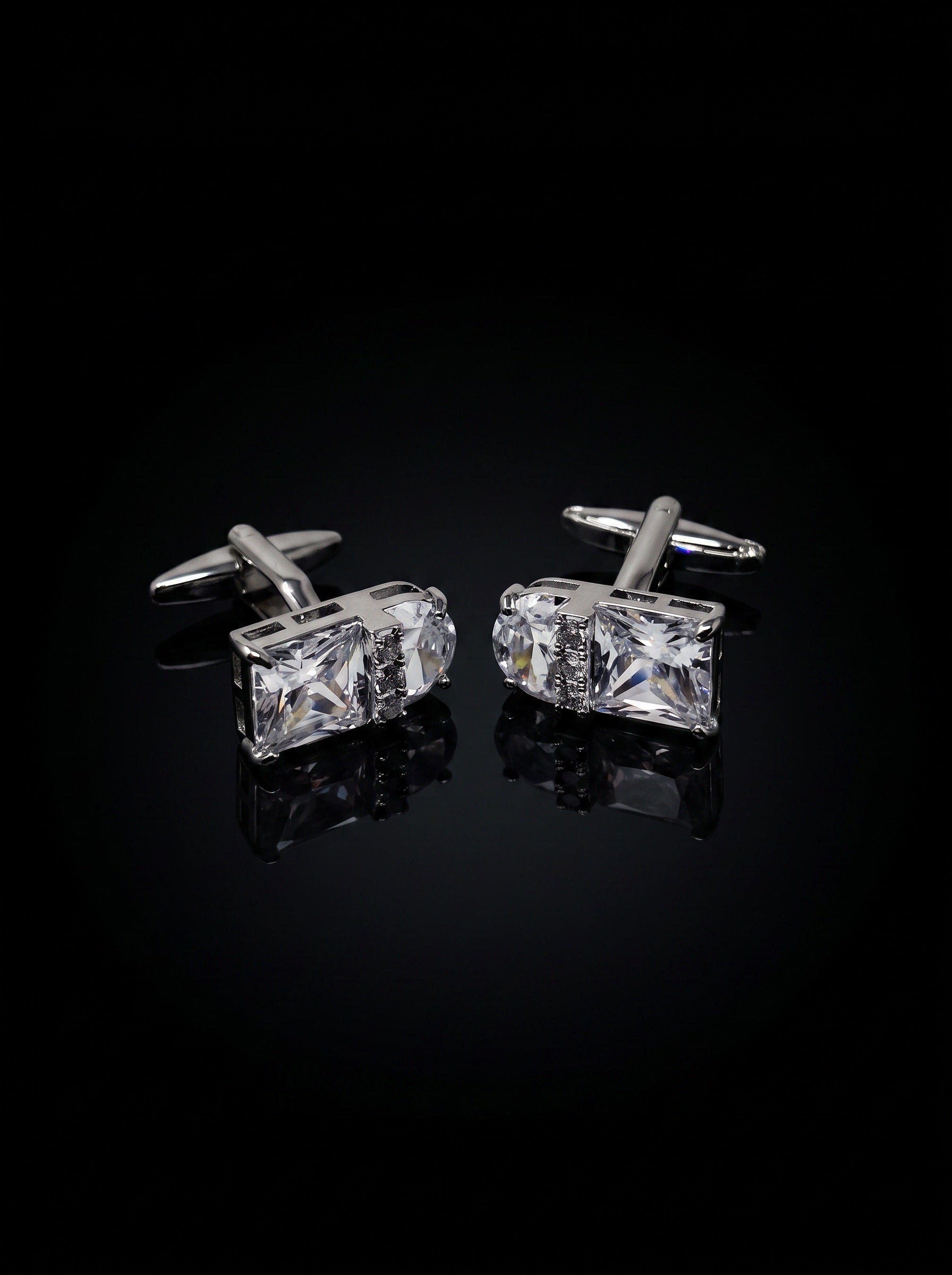 Silver-Tone Clear Gemstone-Style Duo Cufflinks