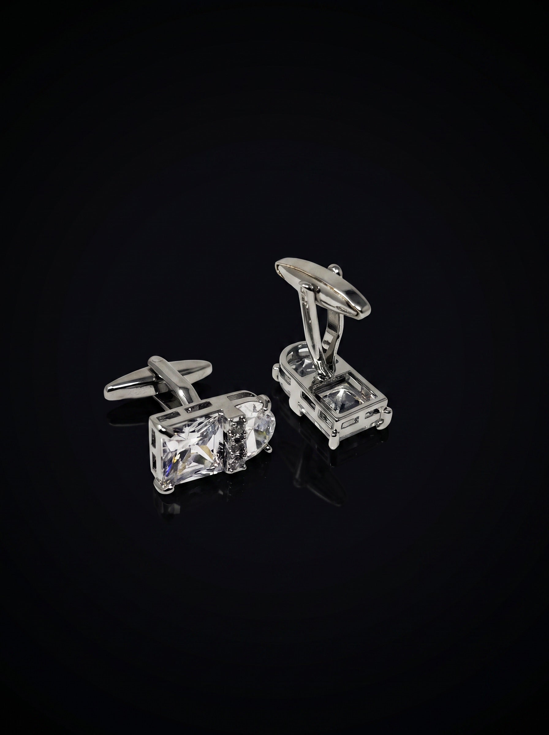 Silver-Tone Clear Gemstone-Style Duo Cufflinks - angle 10