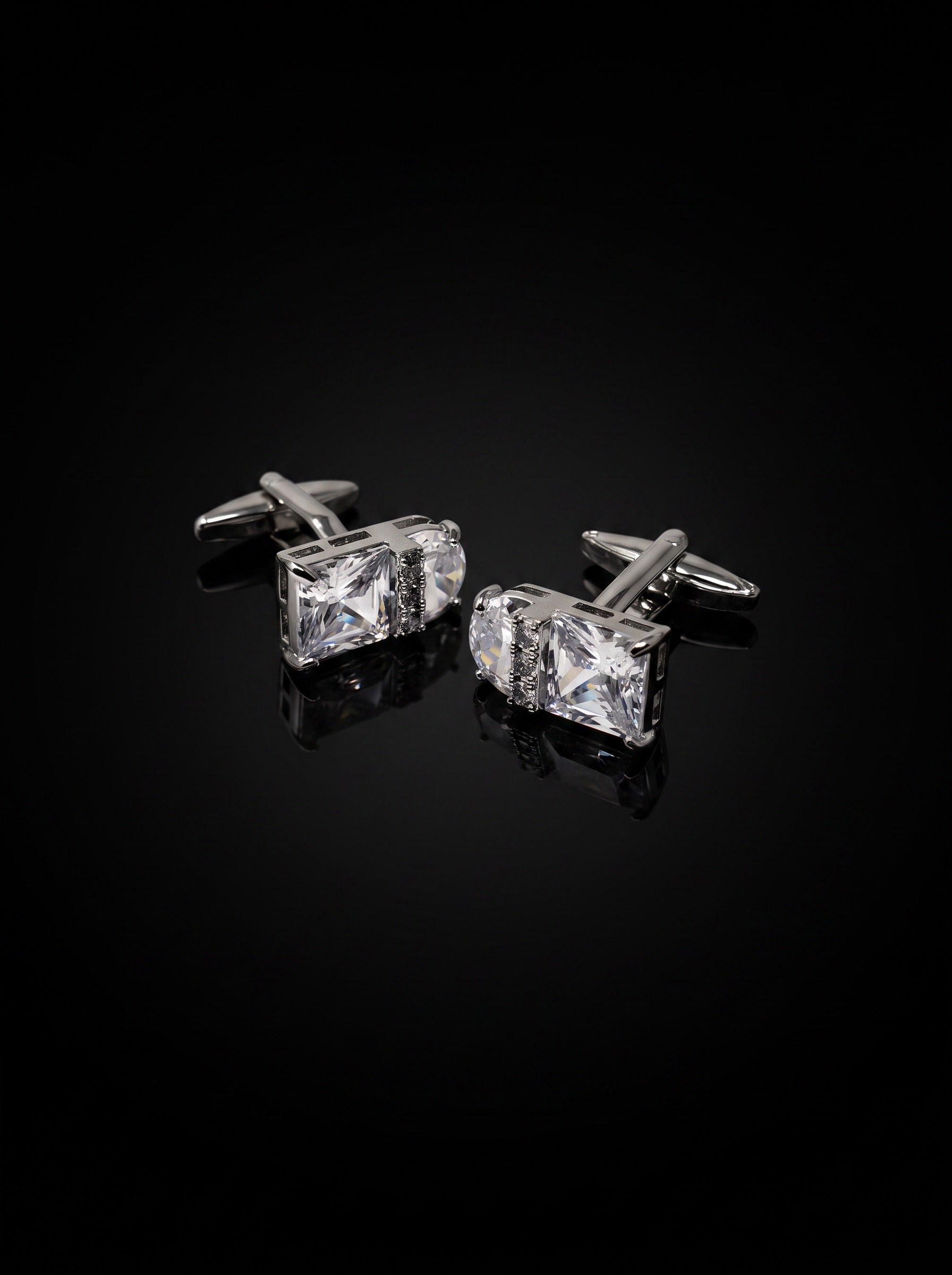 Silver-Tone Clear Gemstone-Style Duo Cufflinks - angle 2