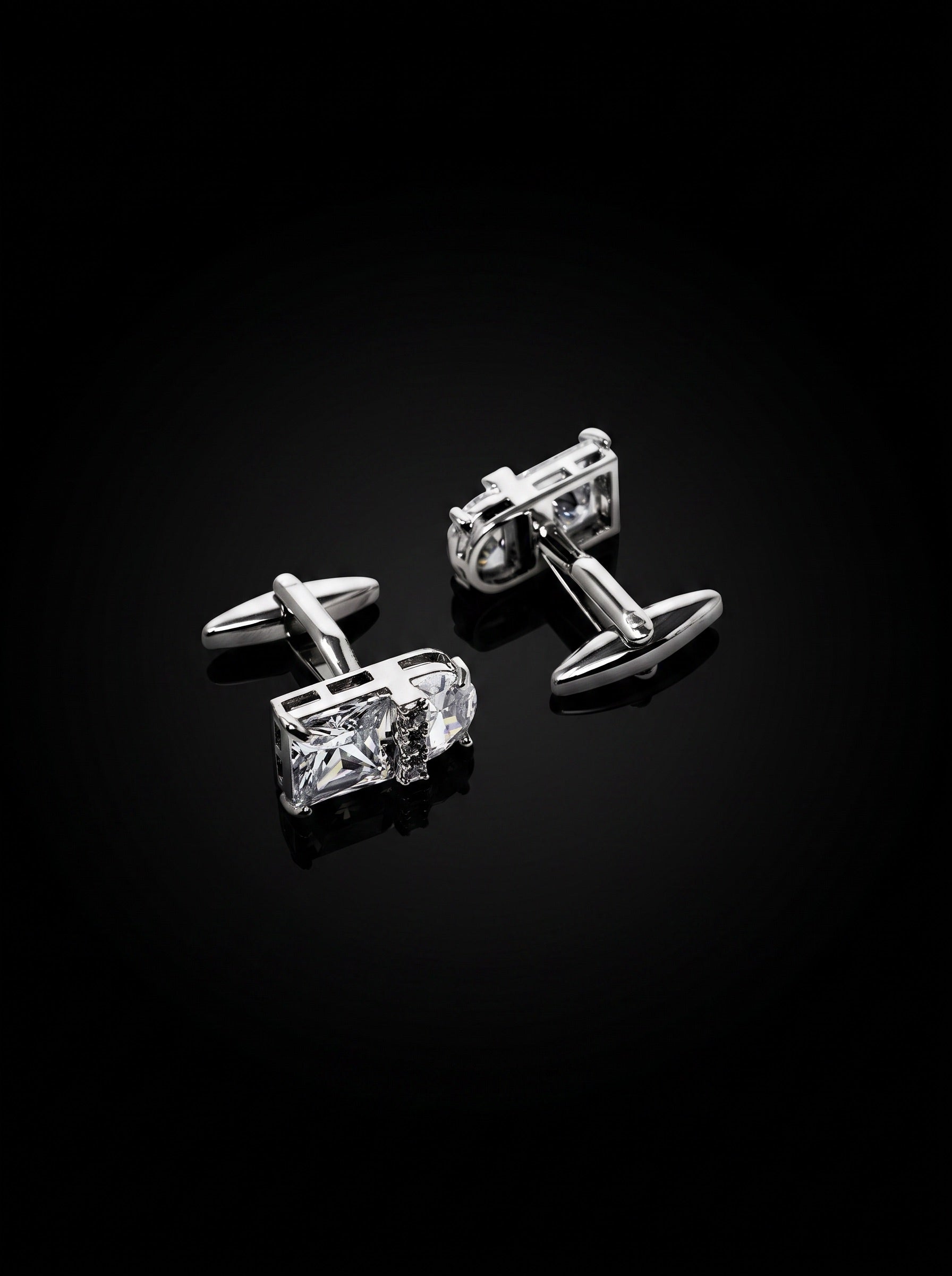 Silver-Tone Clear Gemstone-Style Duo Cufflinks - angle 3