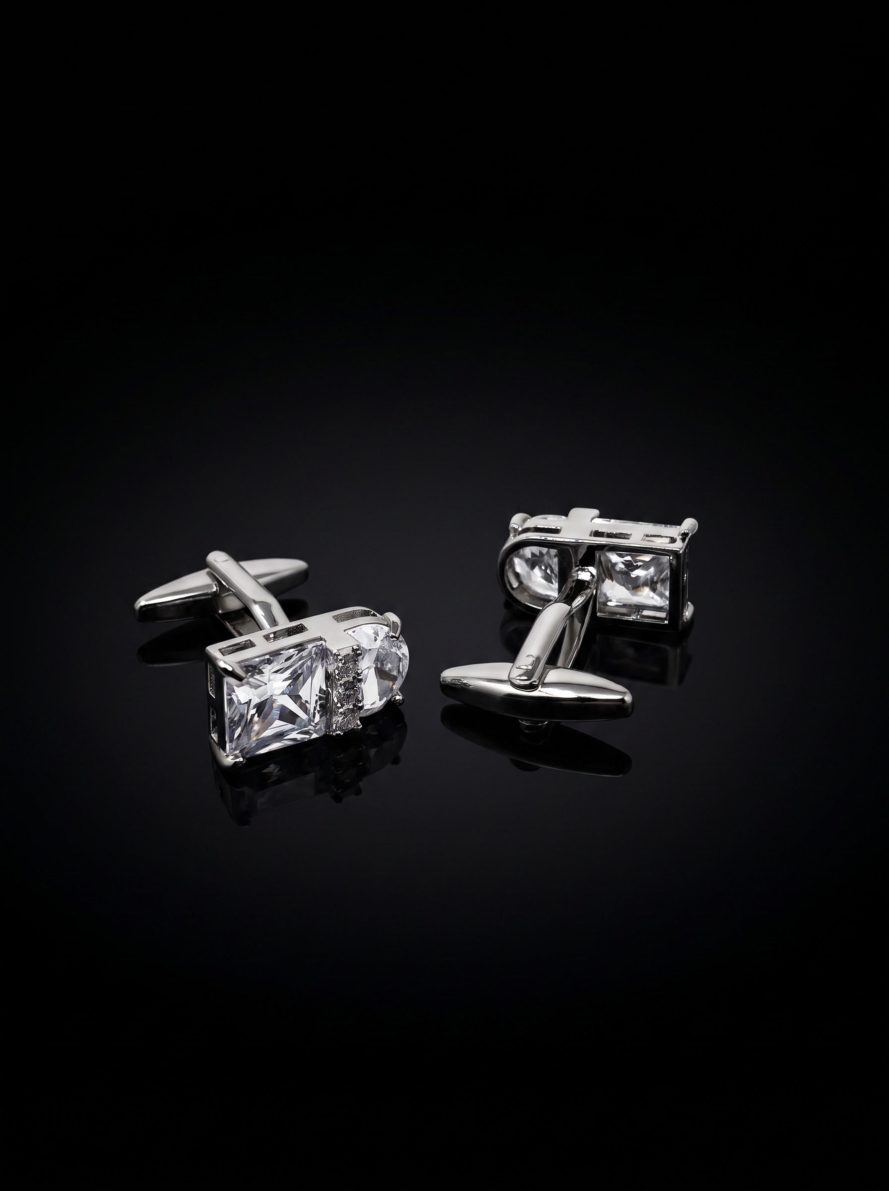 Silver-Tone Clear Gemstone-Style Duo Cufflinks - angle 4