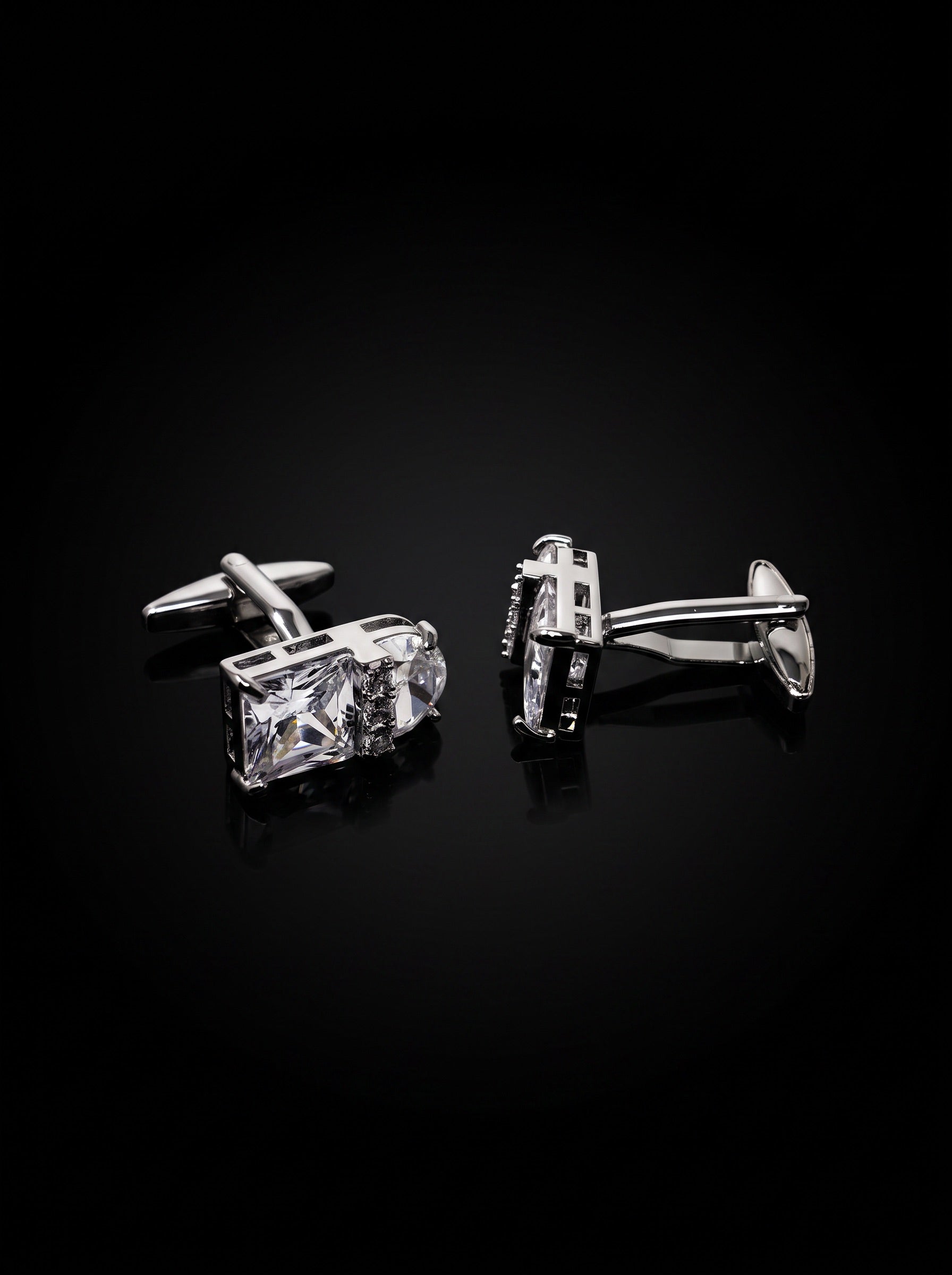 Silver-Tone Clear Gemstone-Style Duo Cufflinks - angle 5