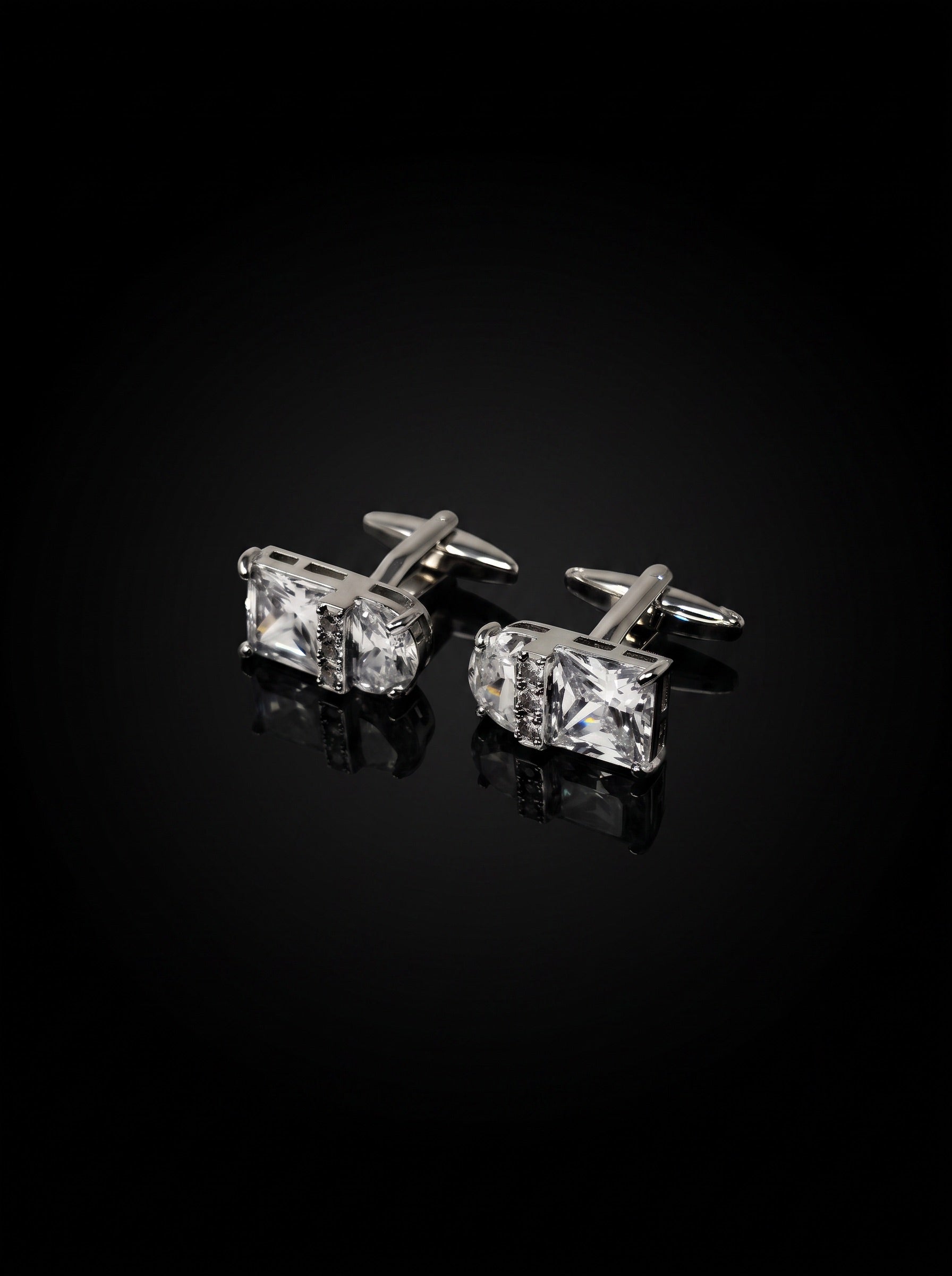 Silver-Tone Clear Gemstone-Style Duo Cufflinks - angle 6