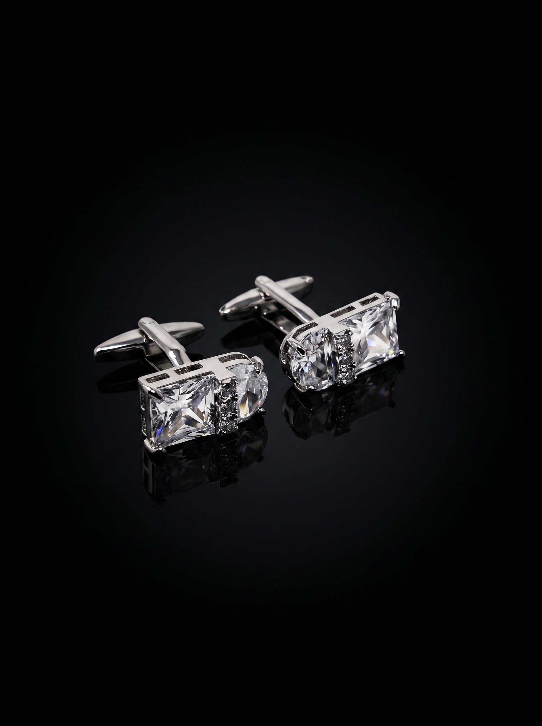 Silver-Tone Clear Gemstone-Style Duo Cufflinks - angle 7