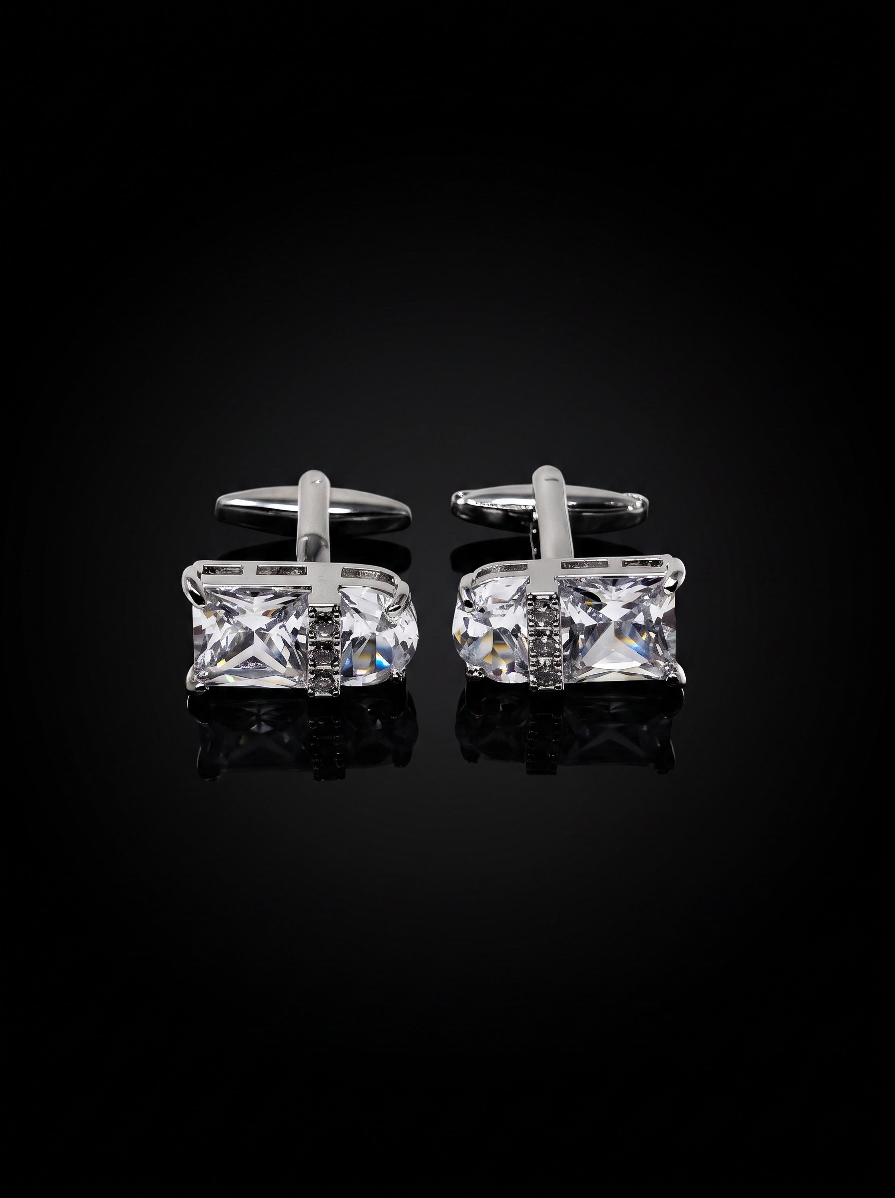 Silver-Tone Clear Gemstone-Style Duo Cufflinks - angle 9