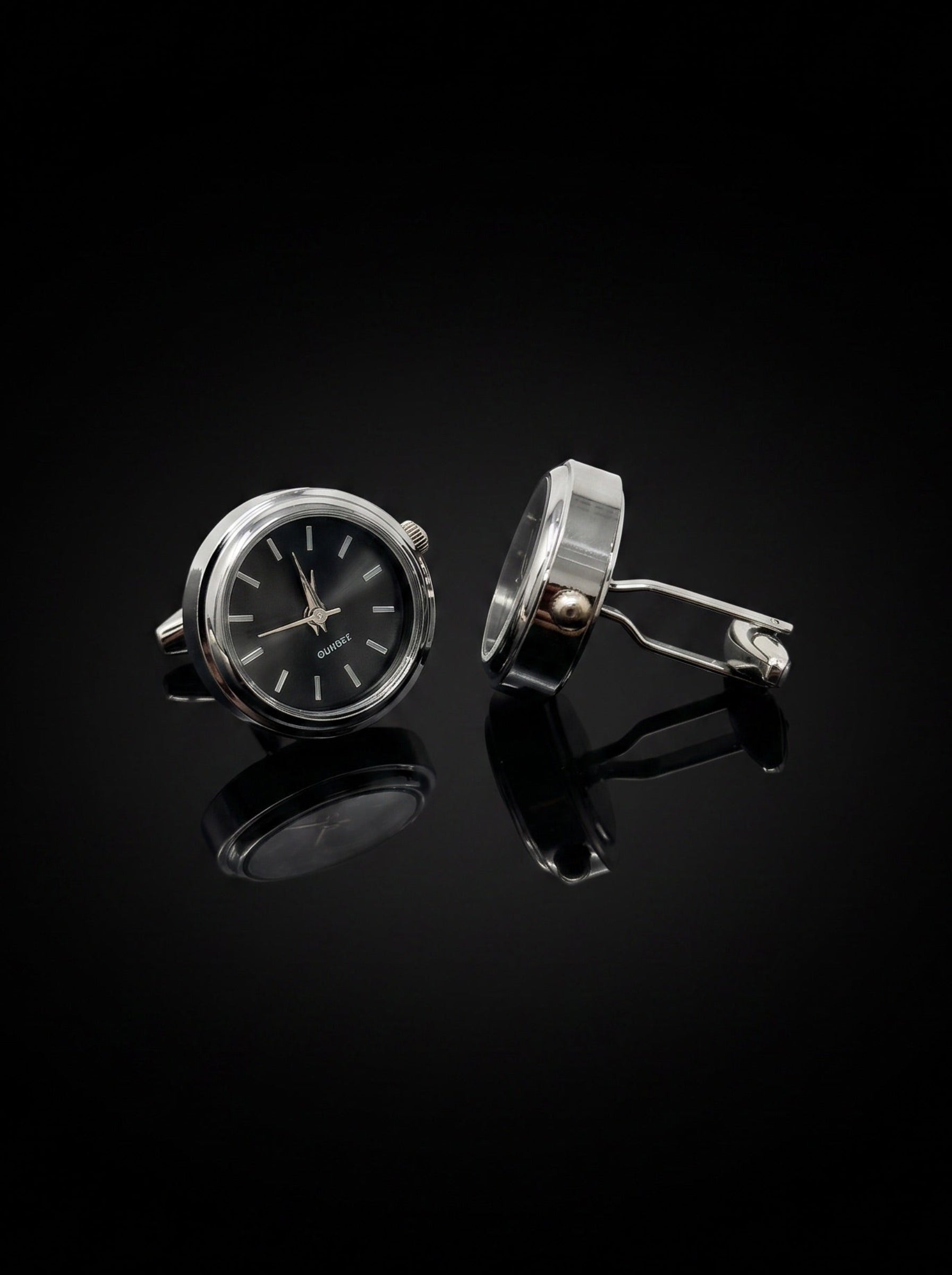Silver-Tone Dark Grey Dial Watch Cufflinks