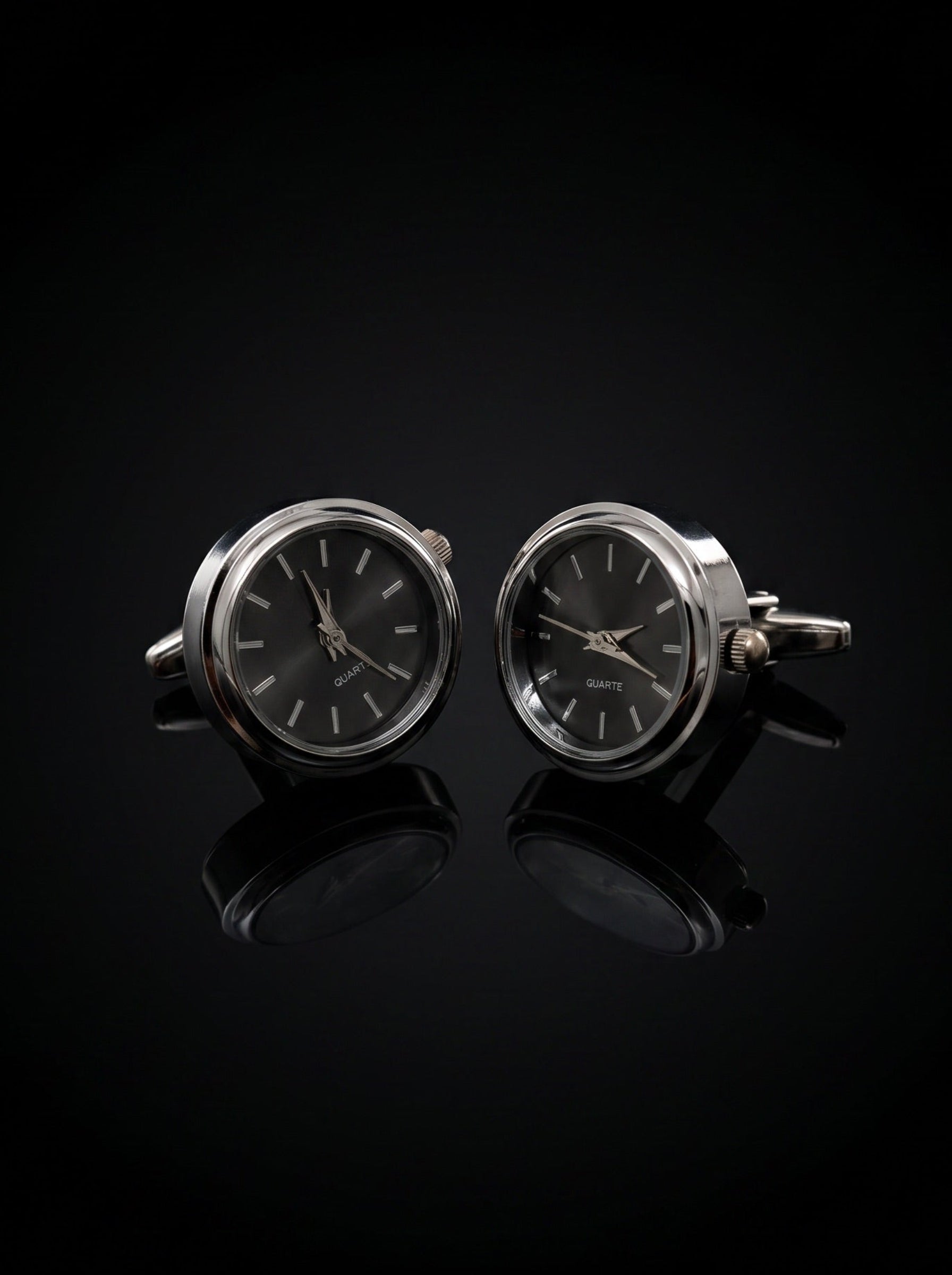 Silver-Tone Dark Grey Dial Watch Cufflinks