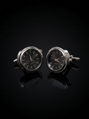 Silver-Tone Dark Grey Dial Watch Cufflinks