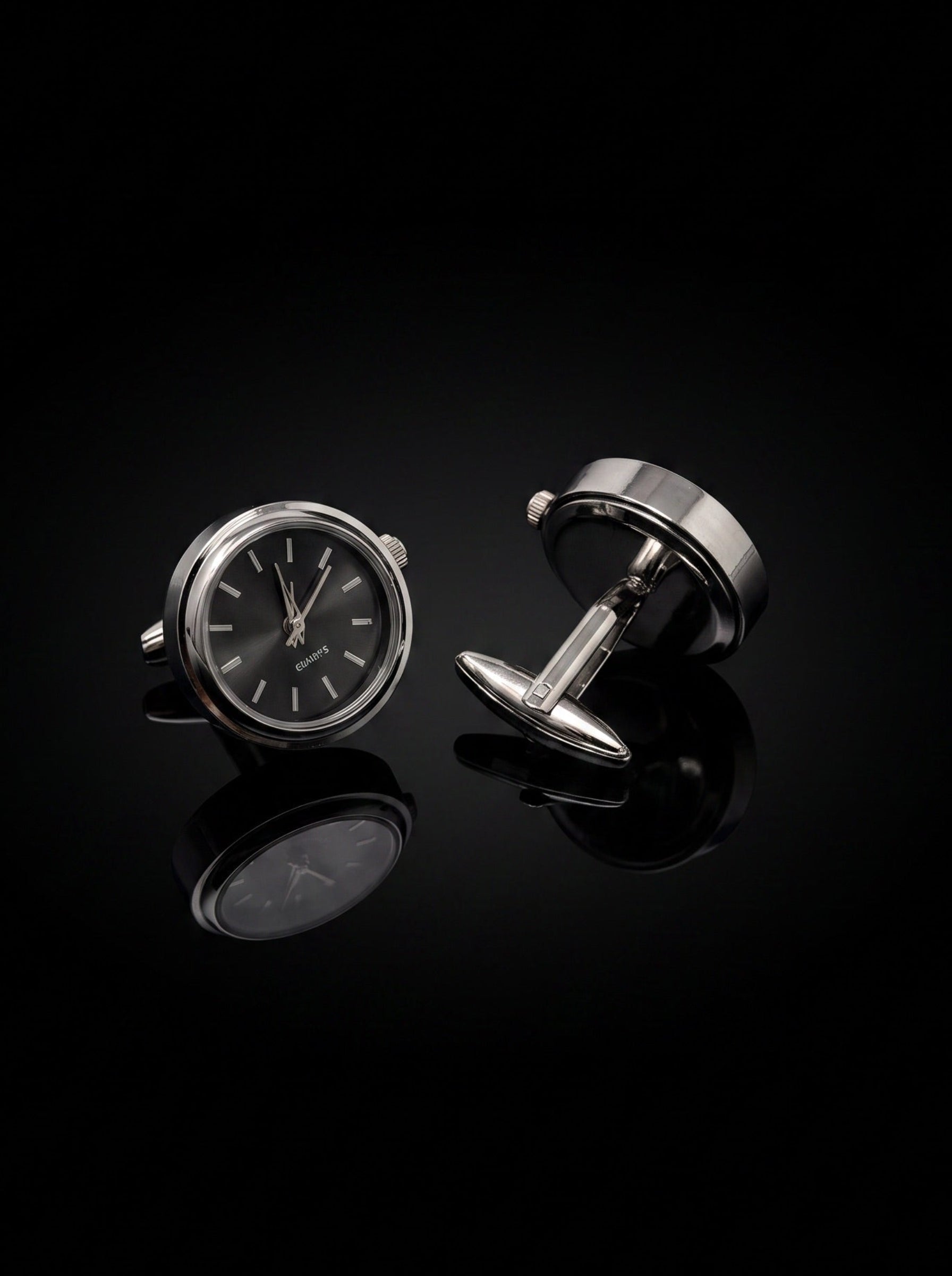 Silver-Tone Dark Grey Dial Watch Cufflinks