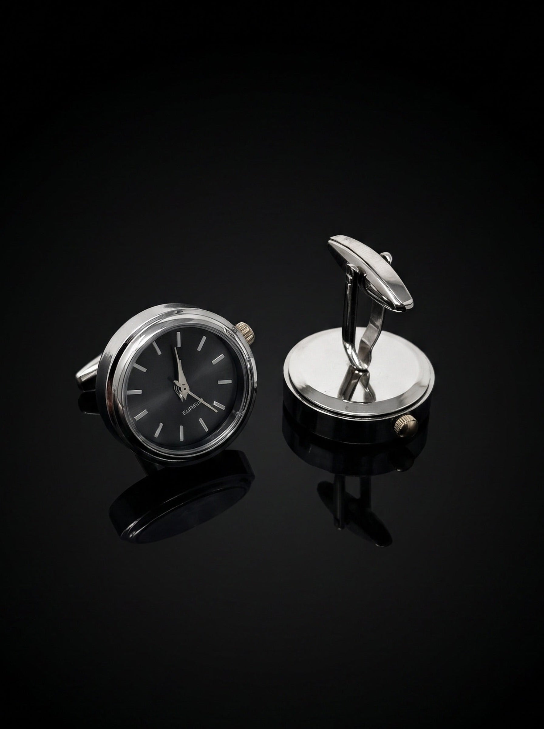 Silver-Tone Dark Grey Dial Watch Cufflinks