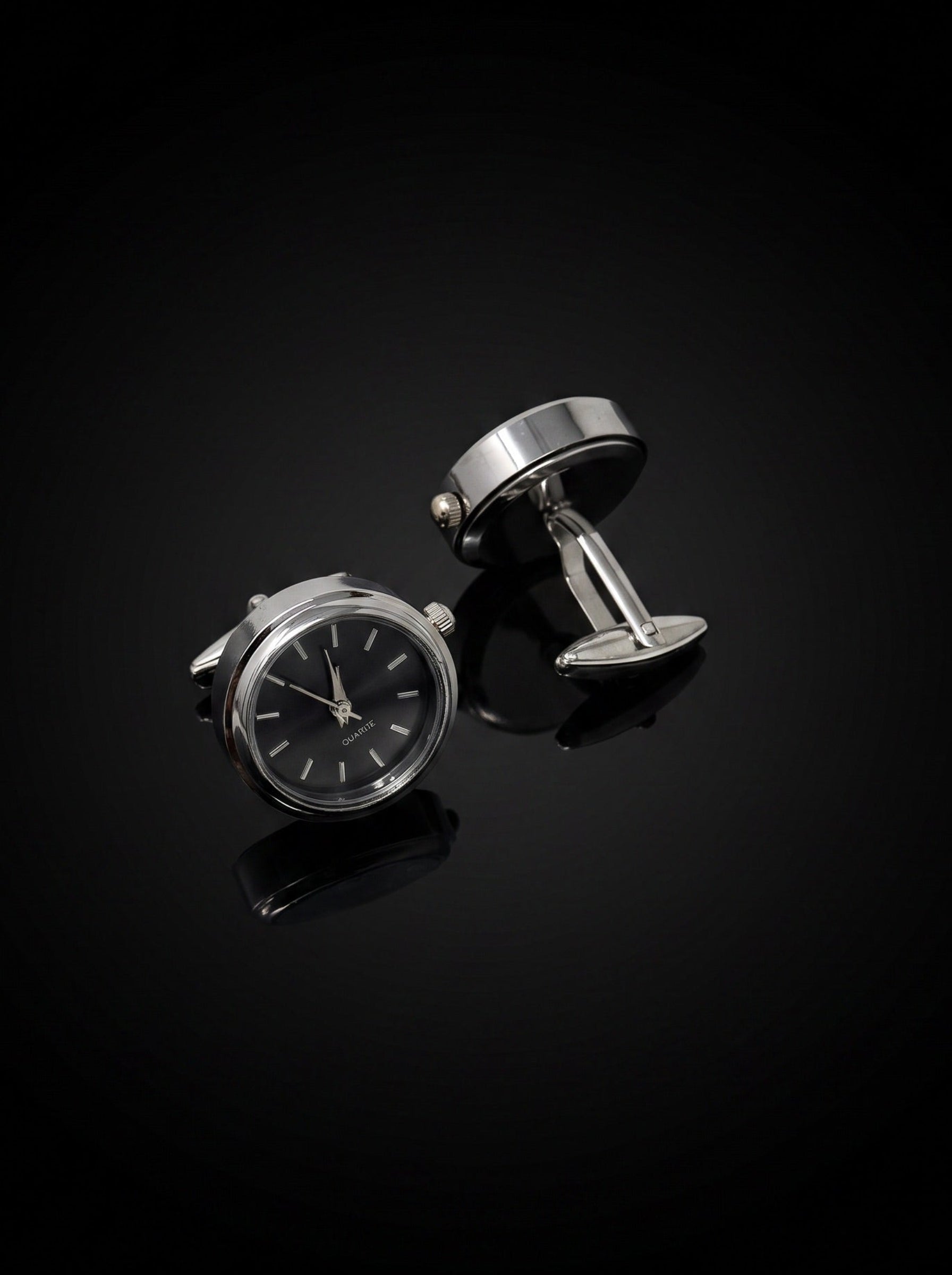 Silver-Tone Dark Grey Dial Watch Cufflinks