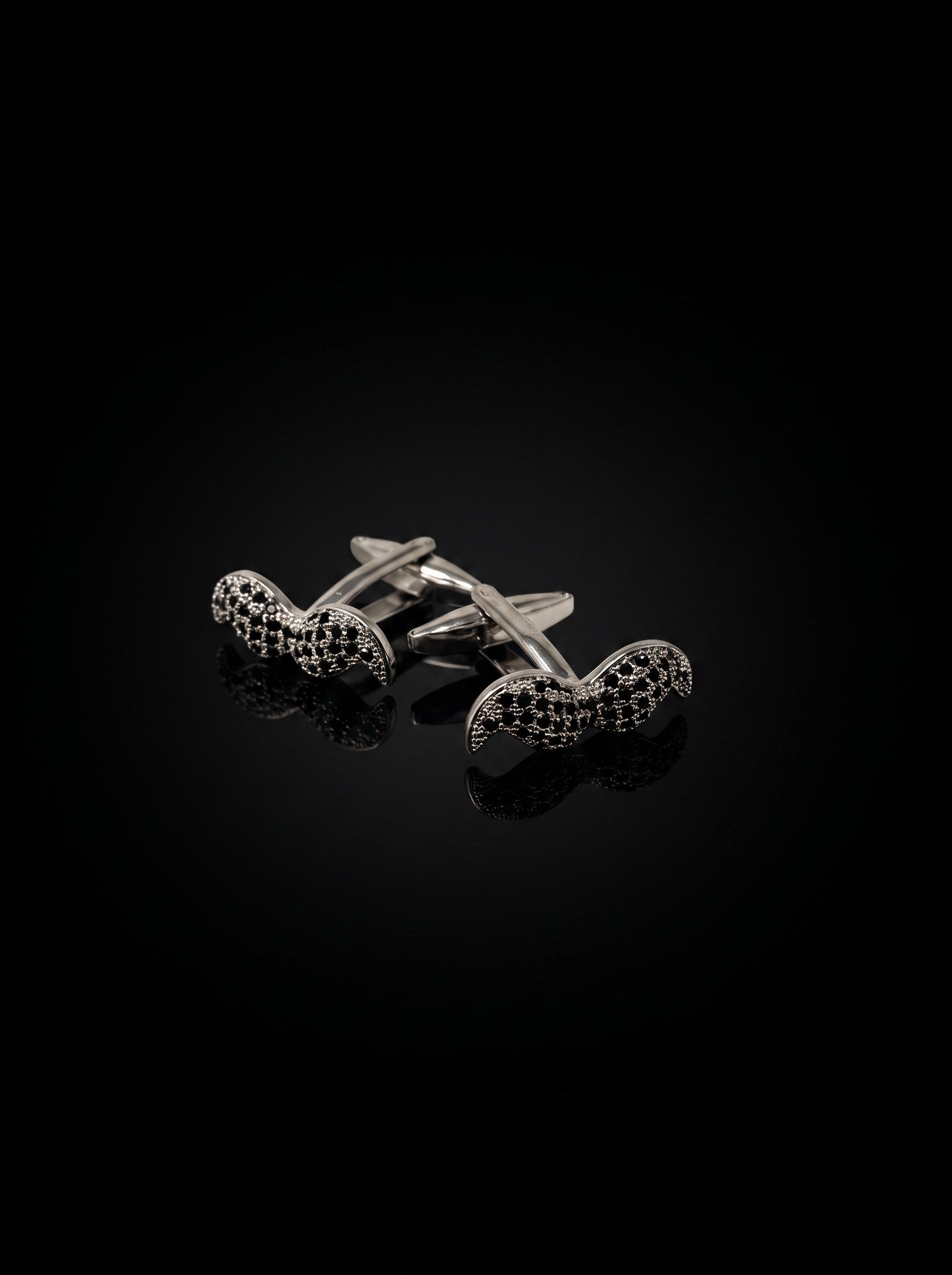 Silver-Tone Pavé Black Gemstone-Style Moustache Cufflinks