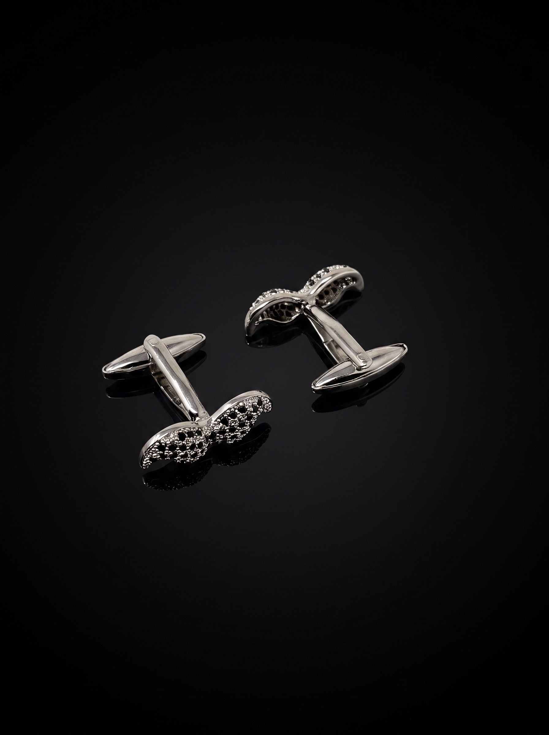 Silver-Tone Pavé Black Gemstone-Style Moustache Cufflinks - angle 2