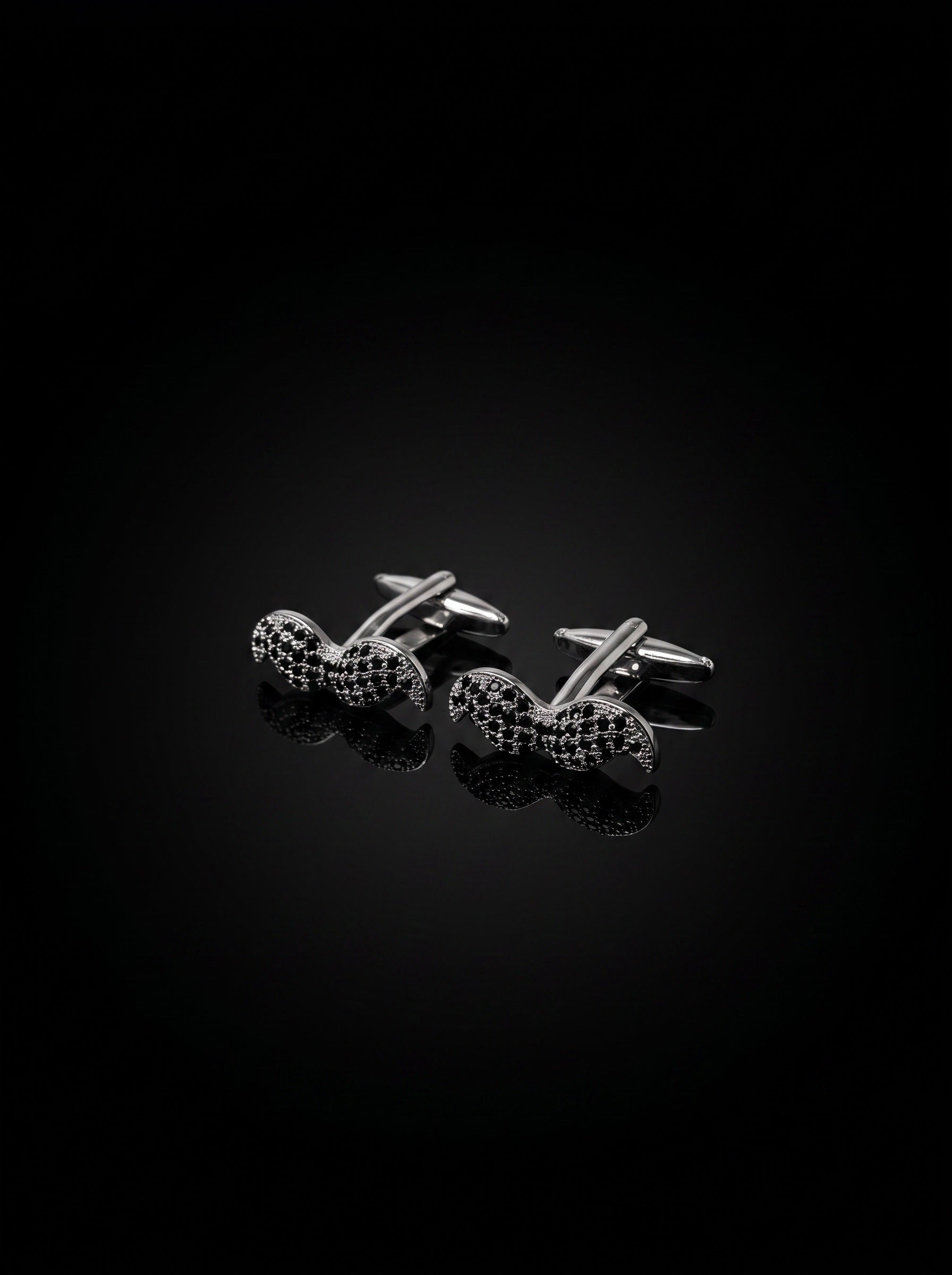 Silver-Tone Pavé Black Gemstone-Style Moustache Cufflinks - angle 4