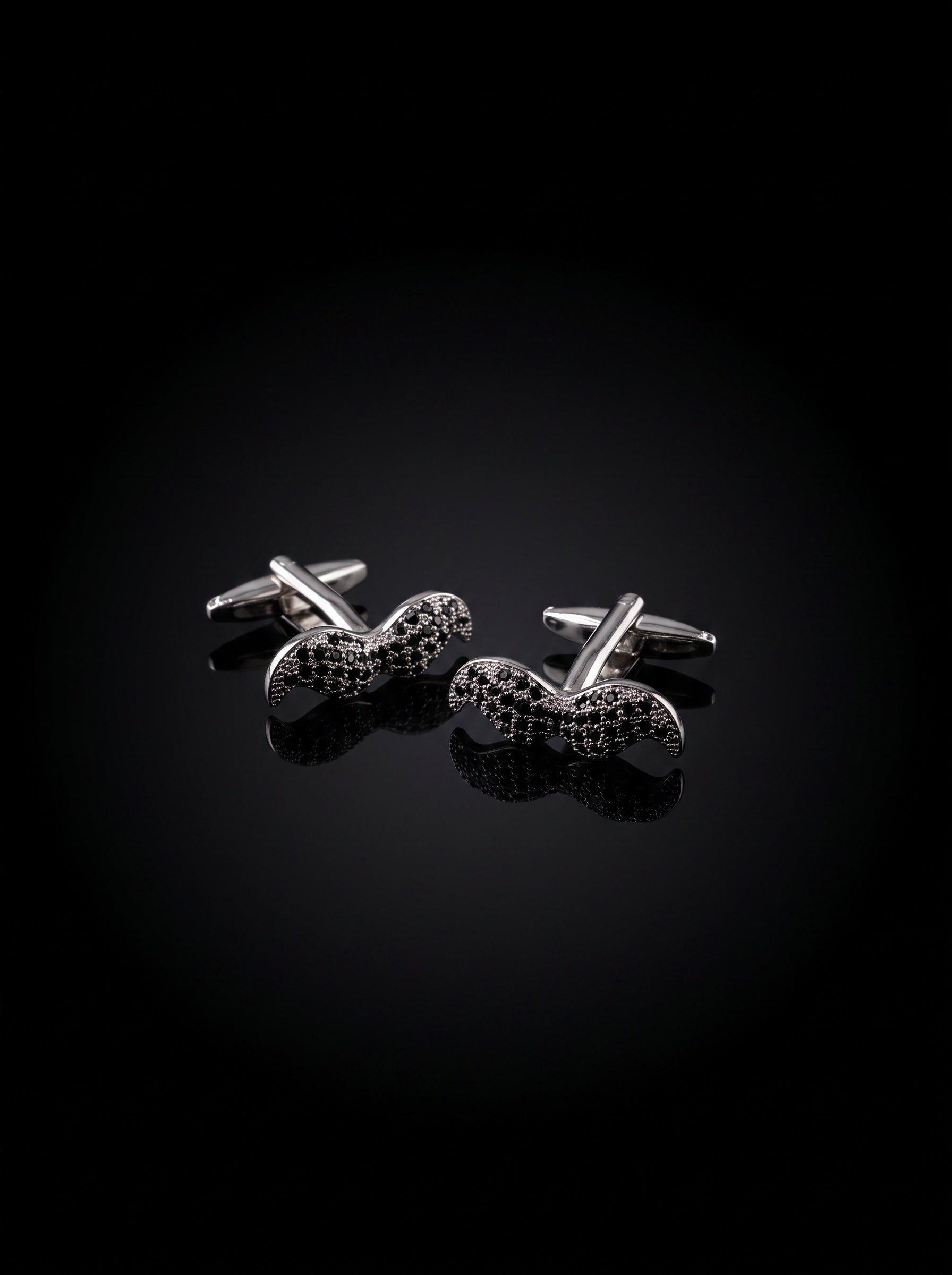 Silver-Tone Pavé Black Gemstone-Style Moustache Cufflinks - angle 5