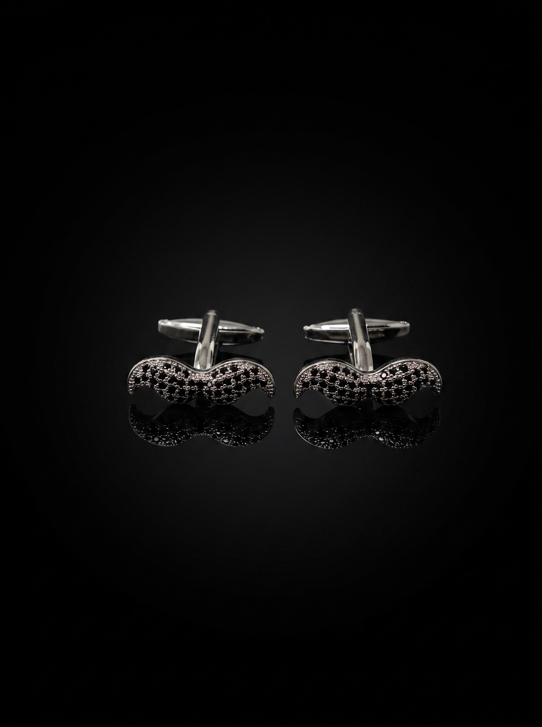Silver-Tone Pavé Black Gemstone-Style Moustache Cufflinks - angle 6