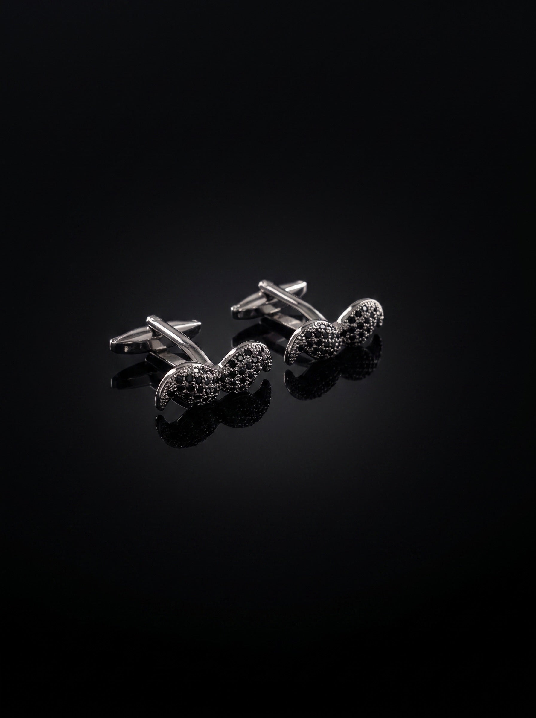 Silver-Tone Pavé Black Gemstone-Style Moustache Cufflinks - angle 8
